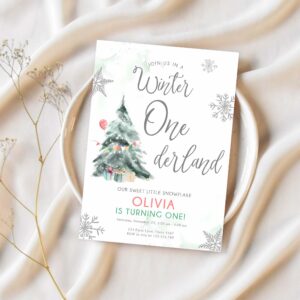 Editable winter onederland birthday invitation first birthday boy girl neutral snow watercolor tree christmas snowflake corjl template 0363 1