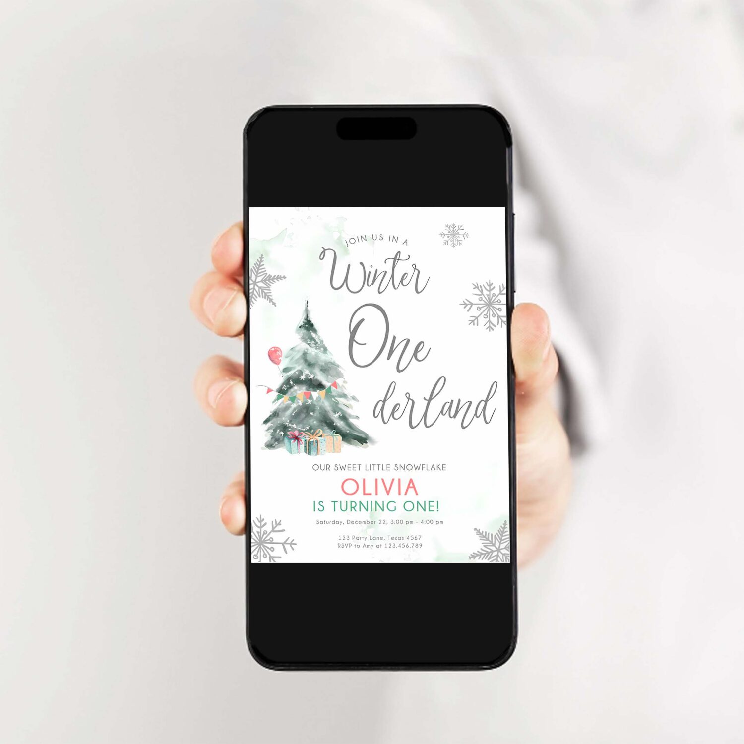Editable winter onederland birthday invitation first birthday boy girl neutral snow watercolor tree christmas snowflake corjl template 0363 2