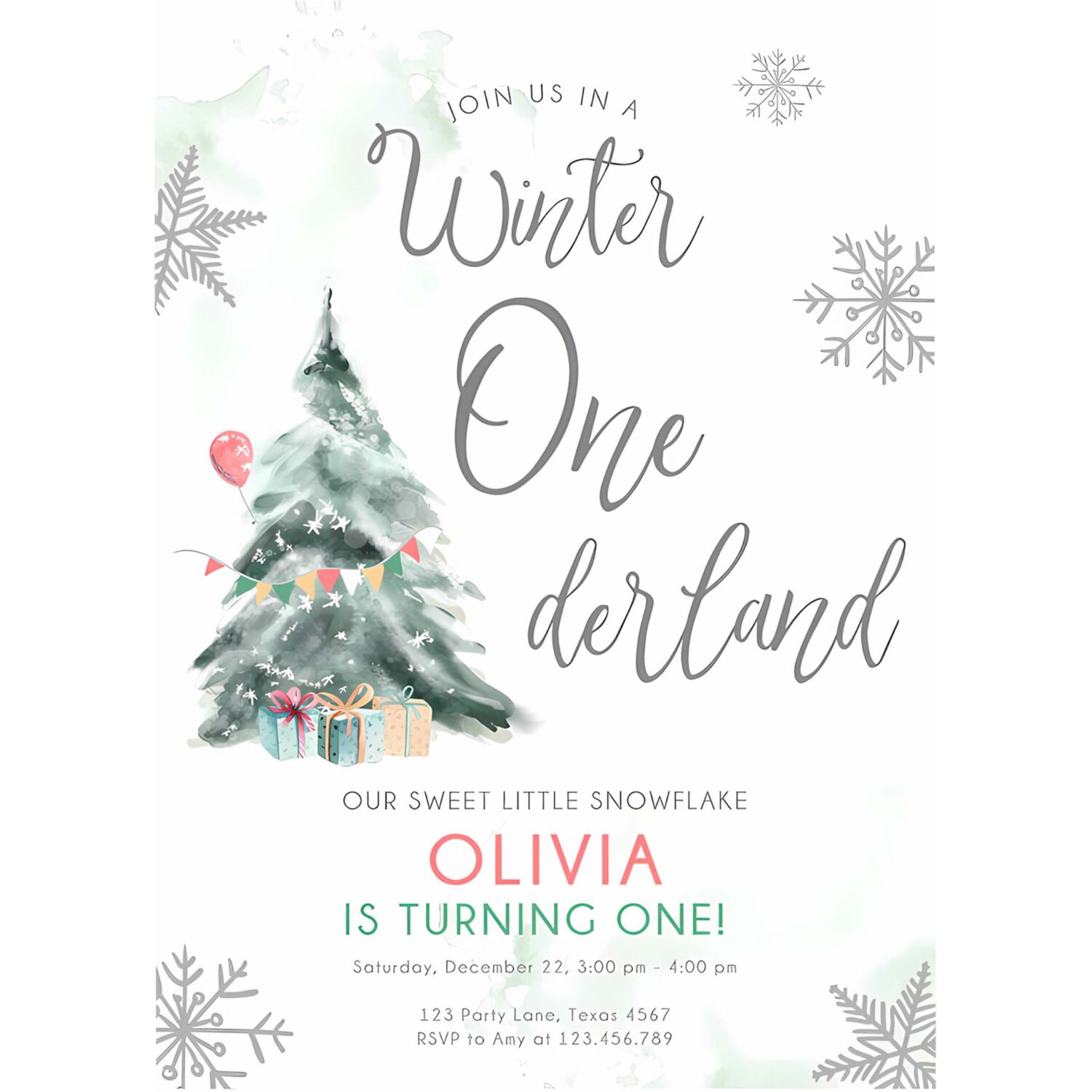 Editable winter onederland birthday invitation first birthday boy girl neutral snow watercolor tree christmas snowflake corjl template 0363 4