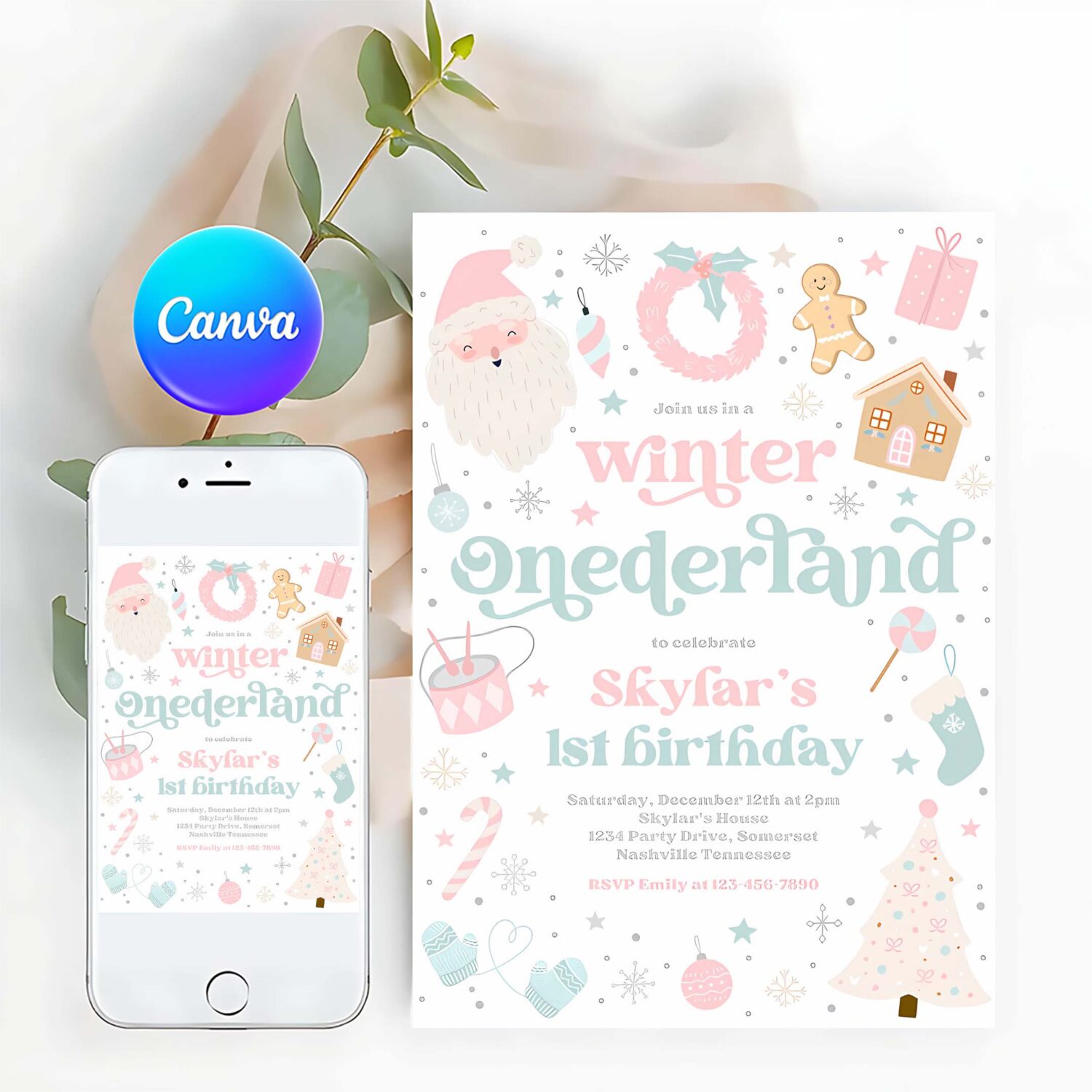 Editable winter onederland birthday party invitation christmas pink and blue winter onderland 1st birthday party instant download 55t