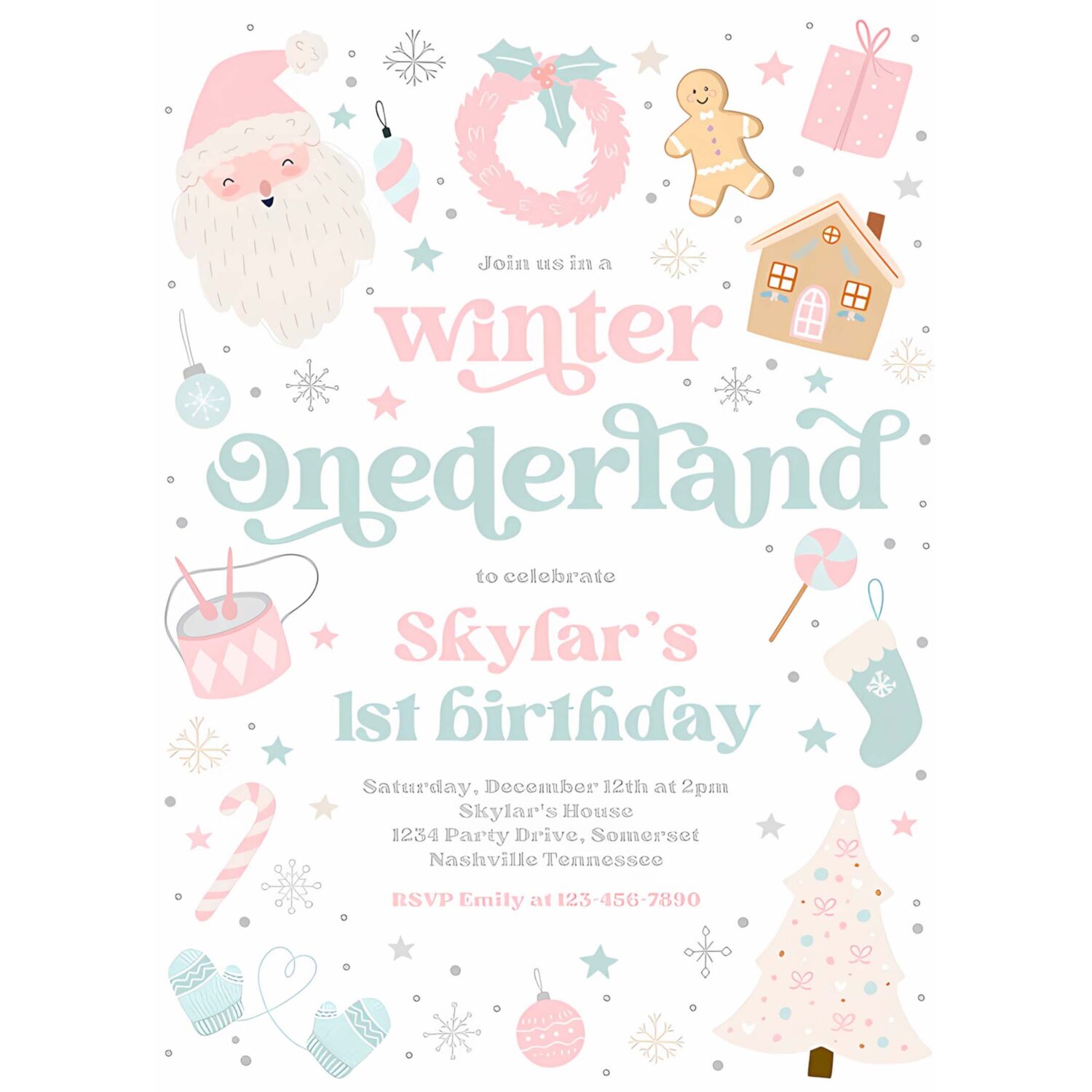 Editable winter onederland birthday party invitation christmas pink and blue winter onderland 1st birthday party instant download 55t 4