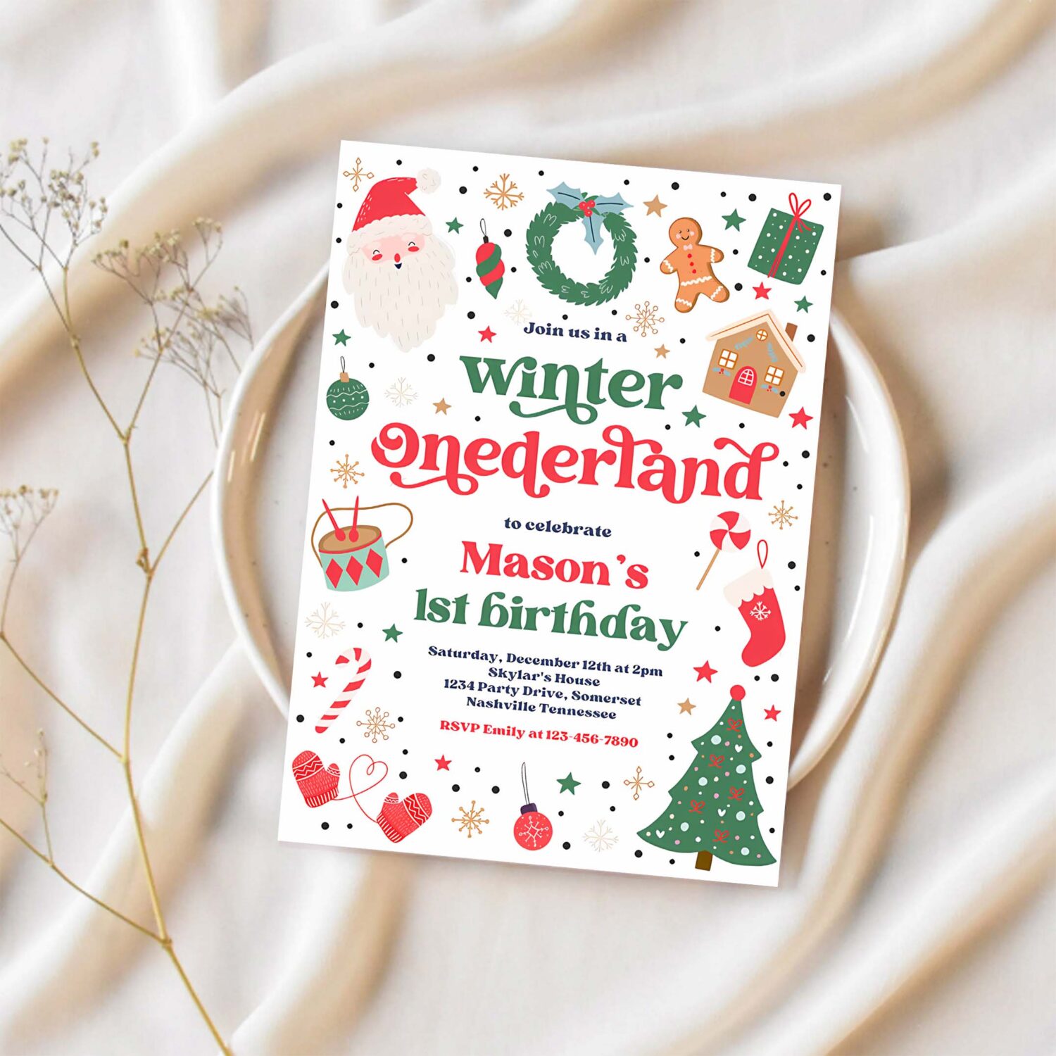 Editable winter onederland birthday party invitation christmas red and blue boy 1st birthday winter onederland party instant download 44t 1
