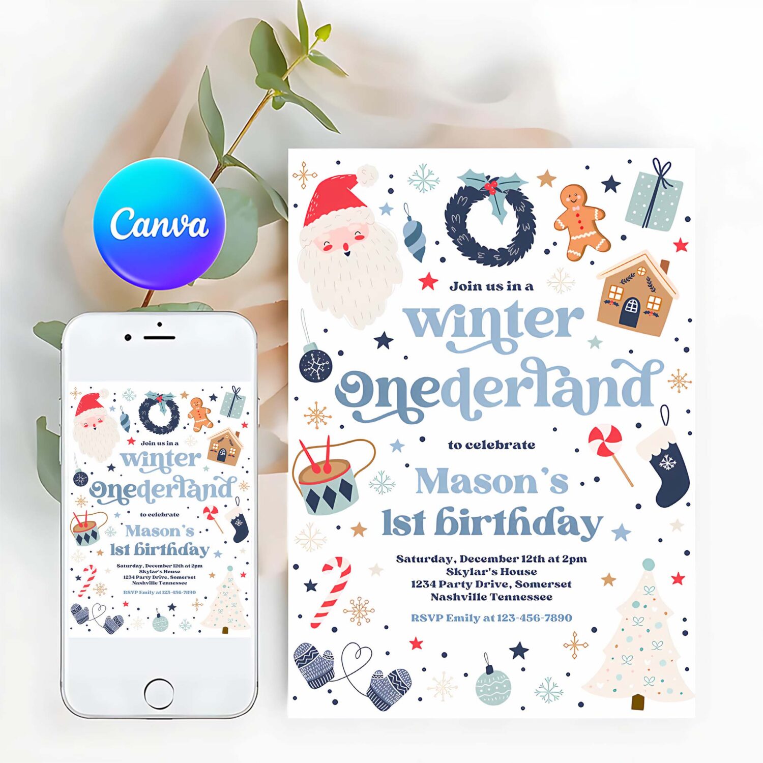 Editable winter onederland birthday party invitation christmas red and blue boy 1st birthday winter onederland party instant download hhu
