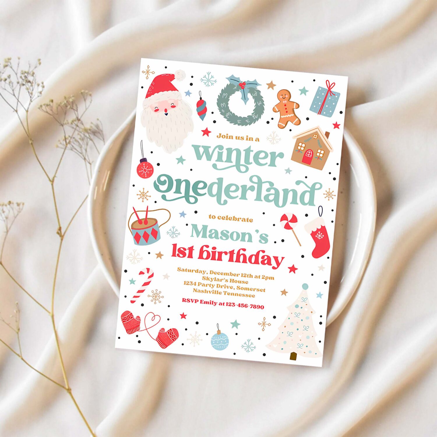Editable winter onederland birthday party invitation christmas red and blue boy 1st birthday winter onederland party instant download hyt 1