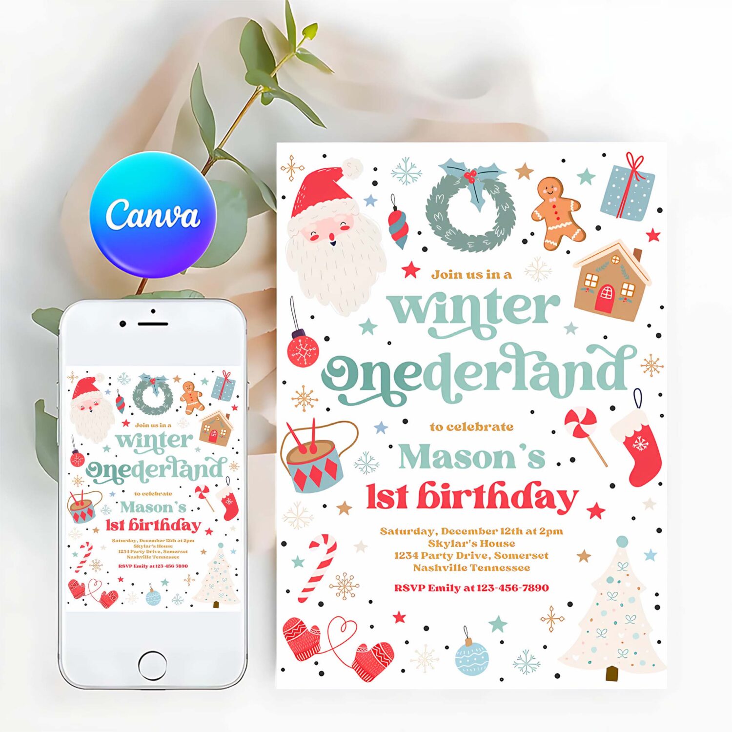 Editable winter onederland birthday party invitation christmas red and blue boy 1st birthday winter onederland party instant download hyt
