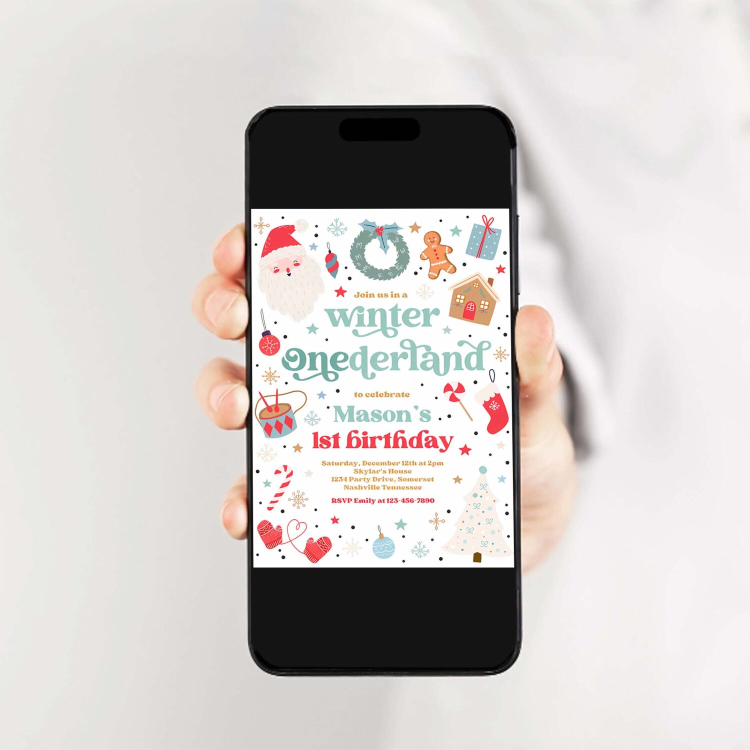 Editable winter onederland birthday party invitation christmas red and blue boy 1st birthday winter onederland party instant download hyt 2