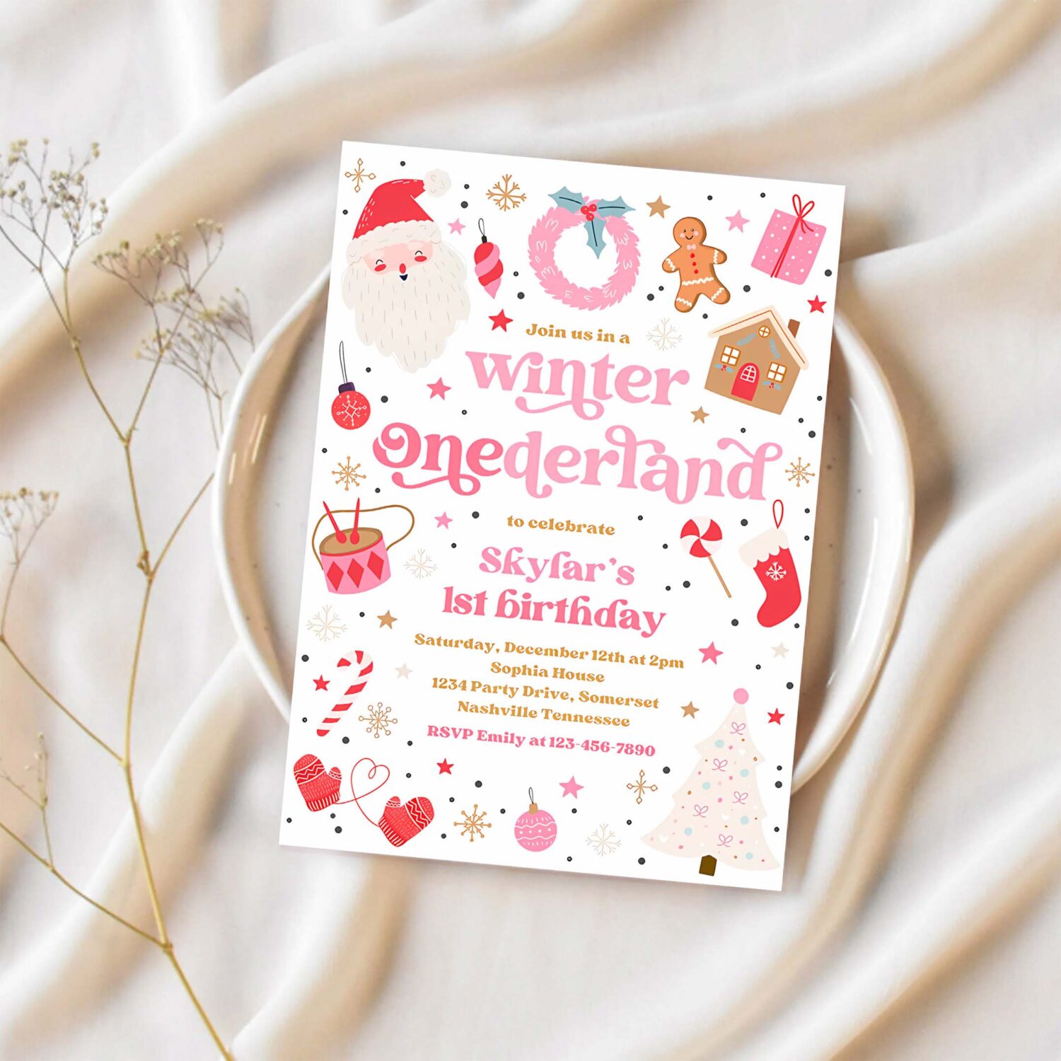 Editable winter onederland birthday party invitation christmas red and pink girl 1st birthday winter onederland party instant download hht 1