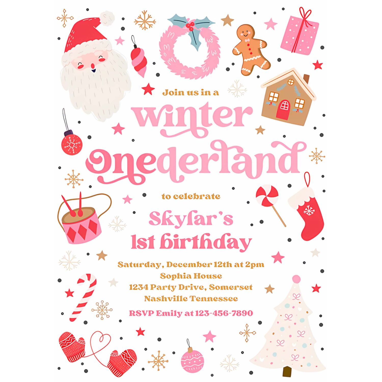 Editable winter onederland birthday party invitation christmas red and pink girl 1st birthday winter onederland party instant download hht 4