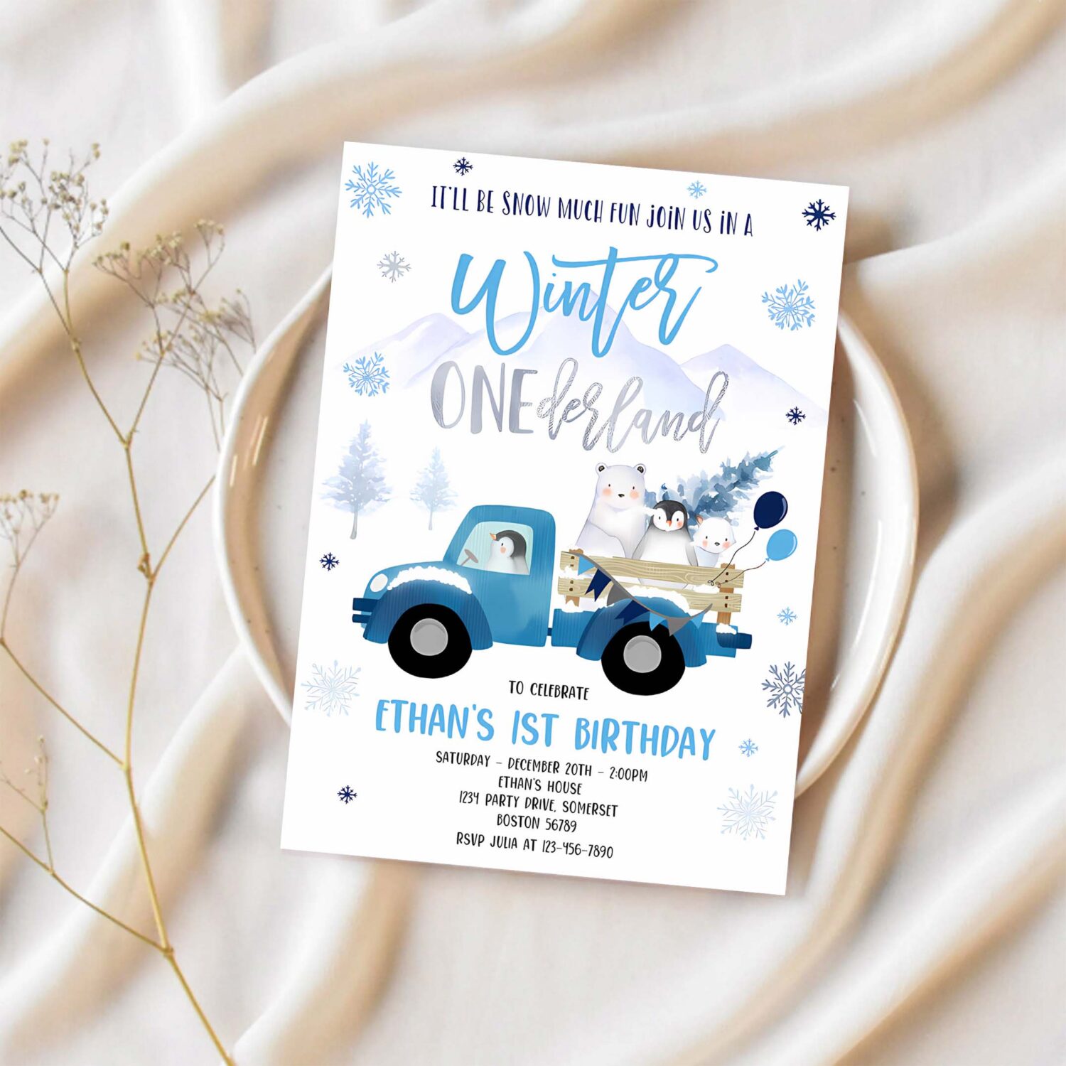 Editable winter onederland invitation winter blue truck 1st birthday penguin polar bear winter onederland party 1