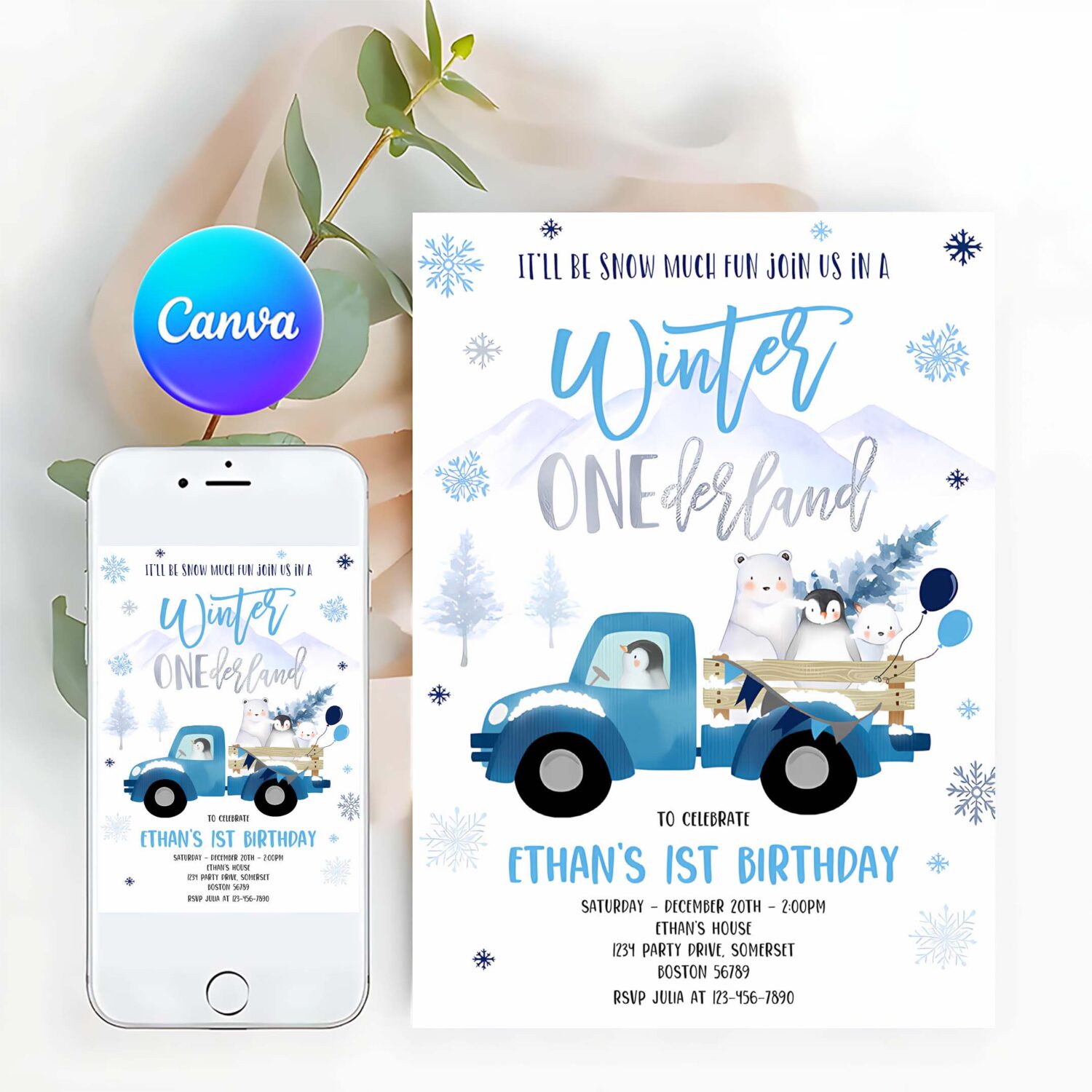 Editable winter onederland invitation winter blue truck 1st birthday penguin polar bear winter onederland party