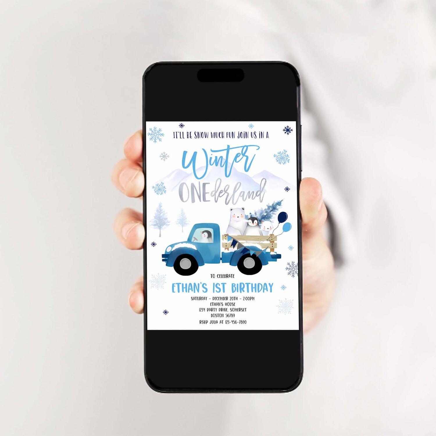 Editable winter onederland invitation winter blue truck 1st birthday penguin polar bear winter onederland party 2