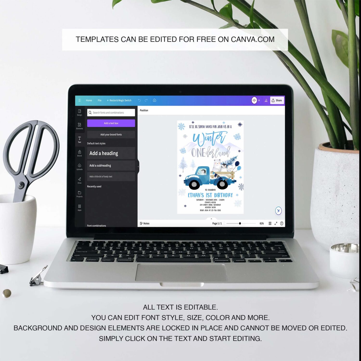 Editable winter onederland invitation winter blue truck 1st birthday penguin polar bear winter onederland party 3