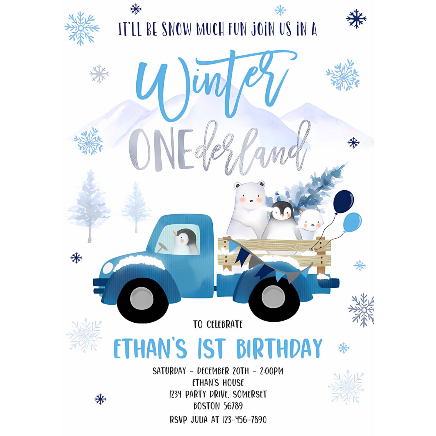 Editable winter onederland invitation winter blue truck 1st birthday penguin polar bear winter onederland party 4