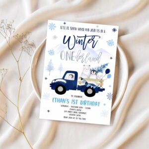 Editable winter onederland invitation winter navy blue truck 1st birthday penguin polar bear winter onederland party 1