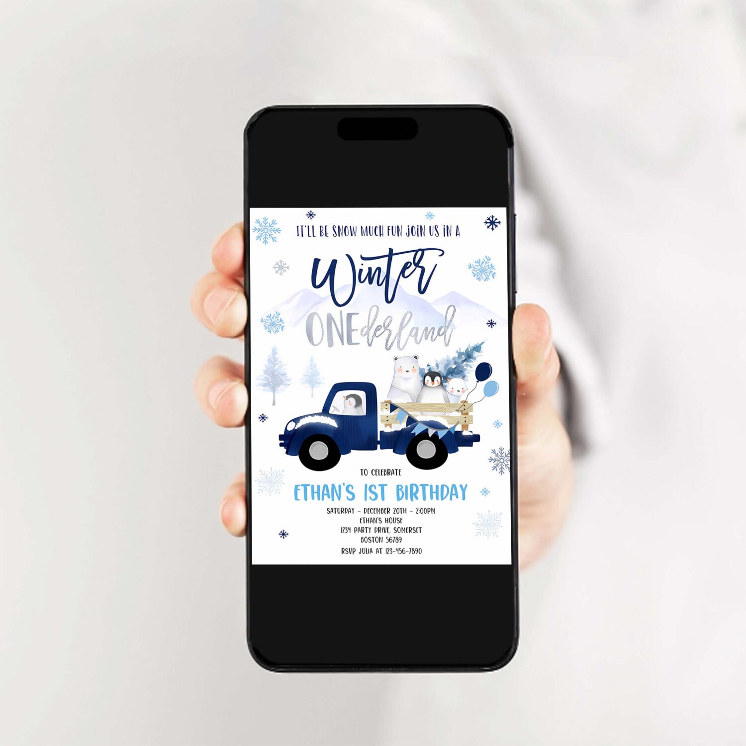 Editable winter onederland invitation winter navy blue truck 1st birthday penguin polar bear winter onederland party 2