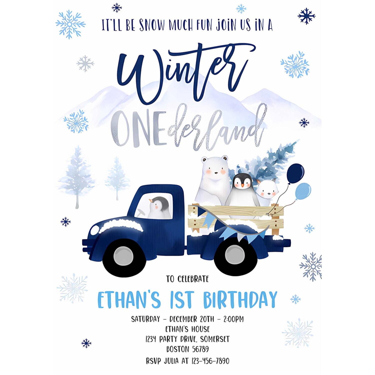 Editable winter onederland invitation winter navy blue truck 1st birthday penguin polar bear winter onederland party 4