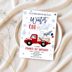 Editable winter onederland invitation winter red truck 1st birthday penguin polar bear winter onederland party 1