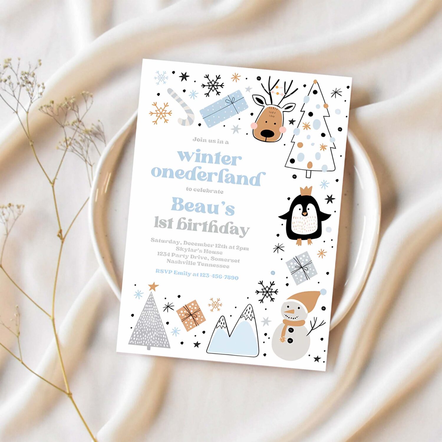 Editable winter onederland invitation whimsical winter forest mountains animals blue silver winter onederland birthday instant download w7p 1