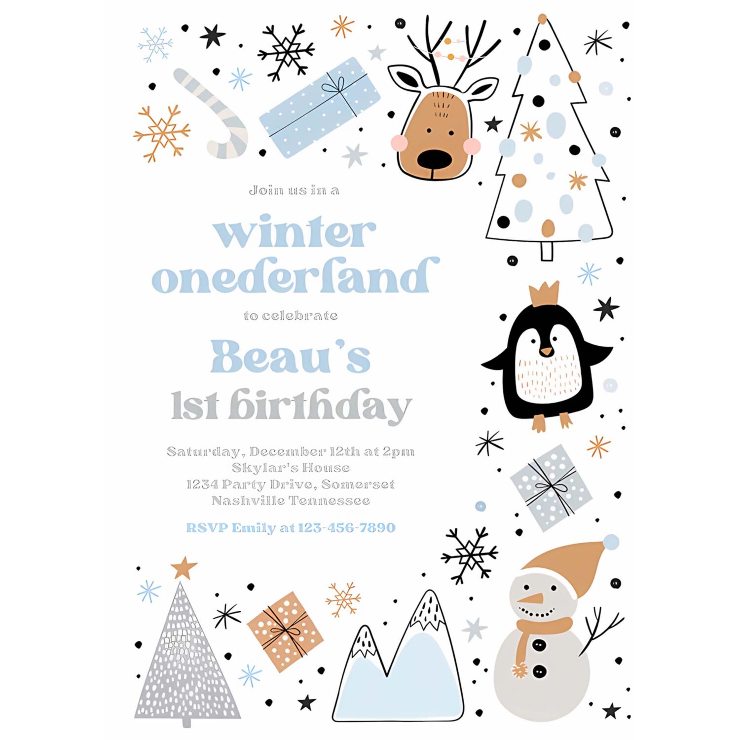 Editable winter onederland invitation whimsical winter forest mountains animals blue silver winter onederland birthday instant download w7p 4