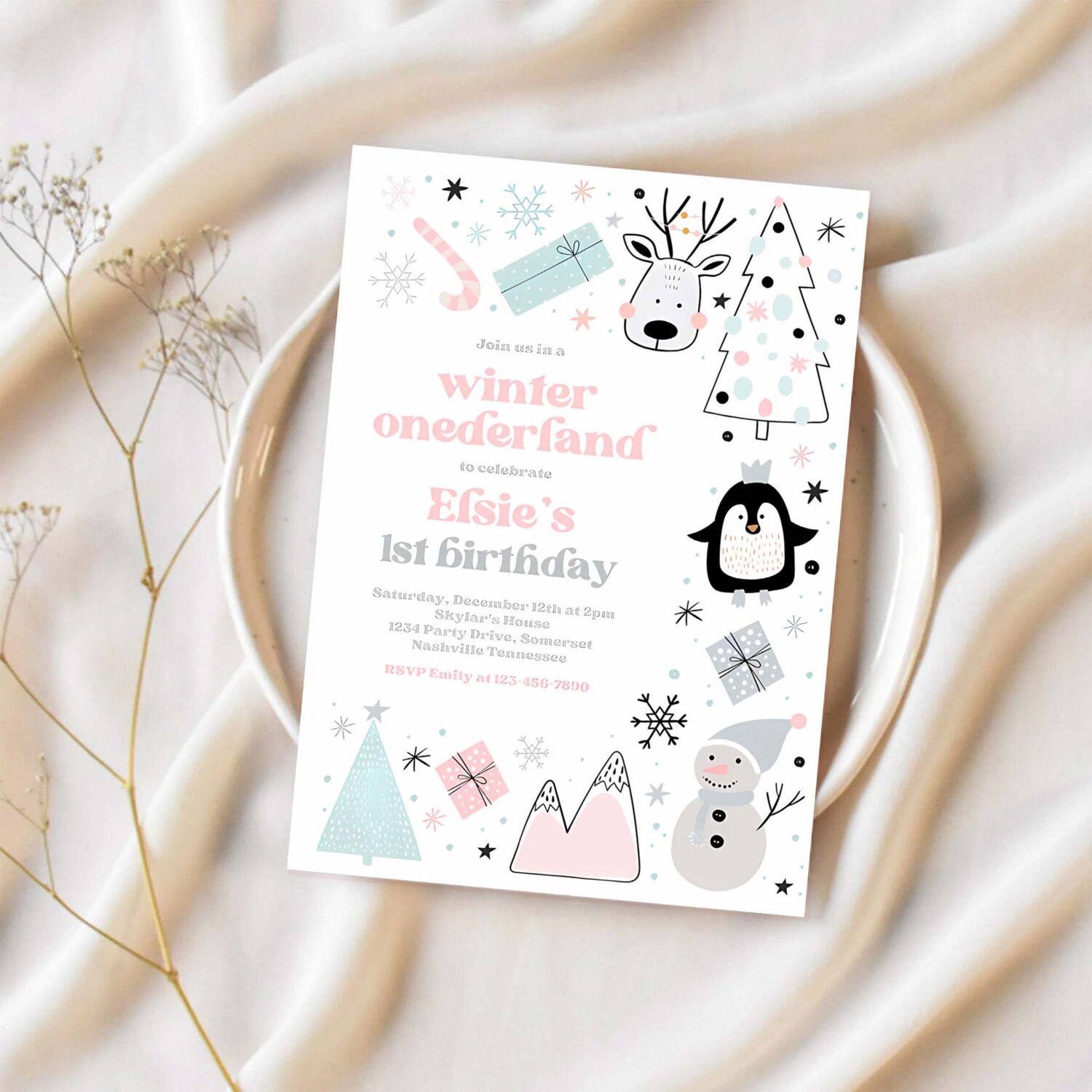Editable winter onederland invitation whimsical winter forest mountains animals pink silver winter onederland birthday instant download w7p 1
