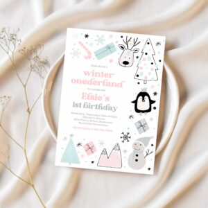 Editable winter onederland invitation whimsical winter forest mountains animals pink silver winter onederland birthday instant download w7p 1