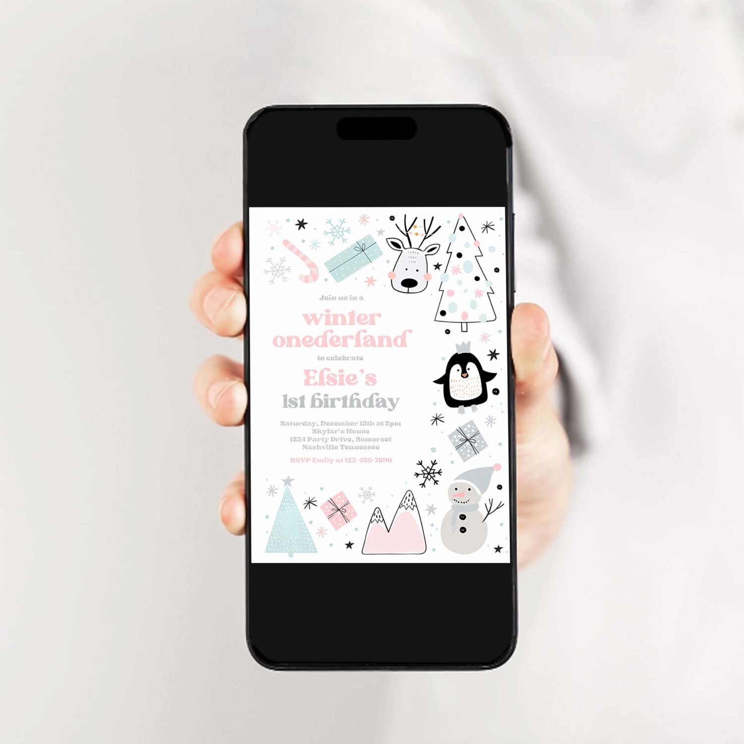 Editable winter onederland invitation whimsical winter forest mountains animals pink silver winter onederland birthday instant download w7p 2
