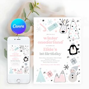 Winter Invitation, Winter Onederland Invitation Whimsical Winter Forest Mountains Animals Pink Silver Winter ONEderland Birthday