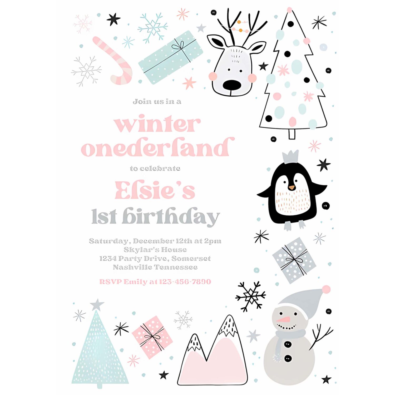 Editable winter onederland invitation whimsical winter forest mountains animals pink silver winter onederland birthday instant download w7p 4