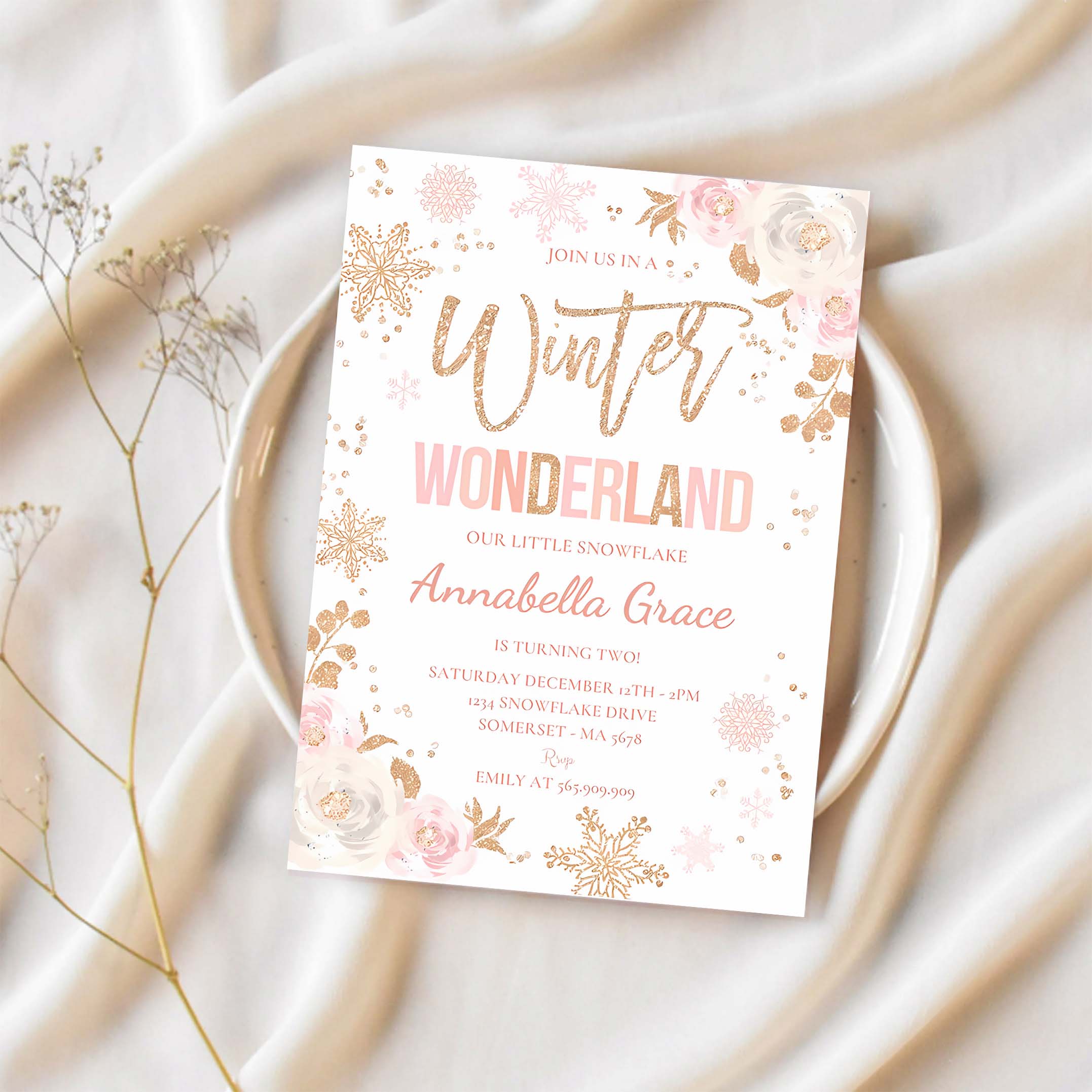 Editable Winter Wonderland Birthday Invitation Pink Rose Gold Winter Wonderland Party Floral Winter Wonderland Party