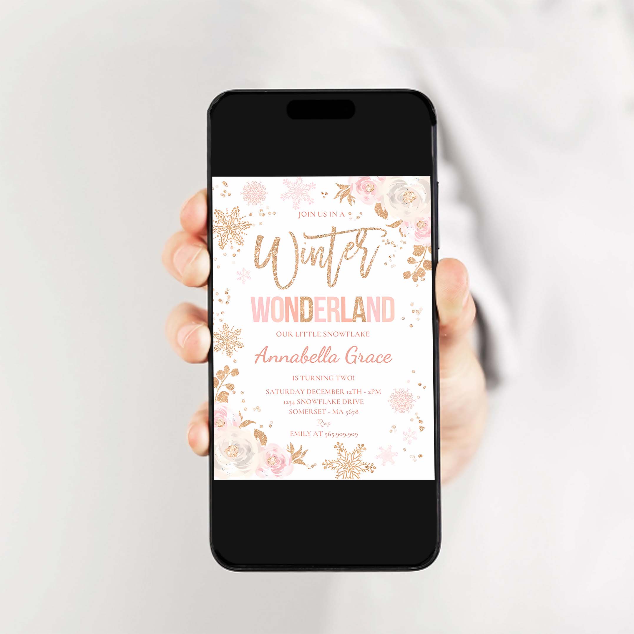 Editable Winter Wonderland Birthday Invitation Pink Rose Gold Winter Wonderland Party Floral Winter Wonderland Party