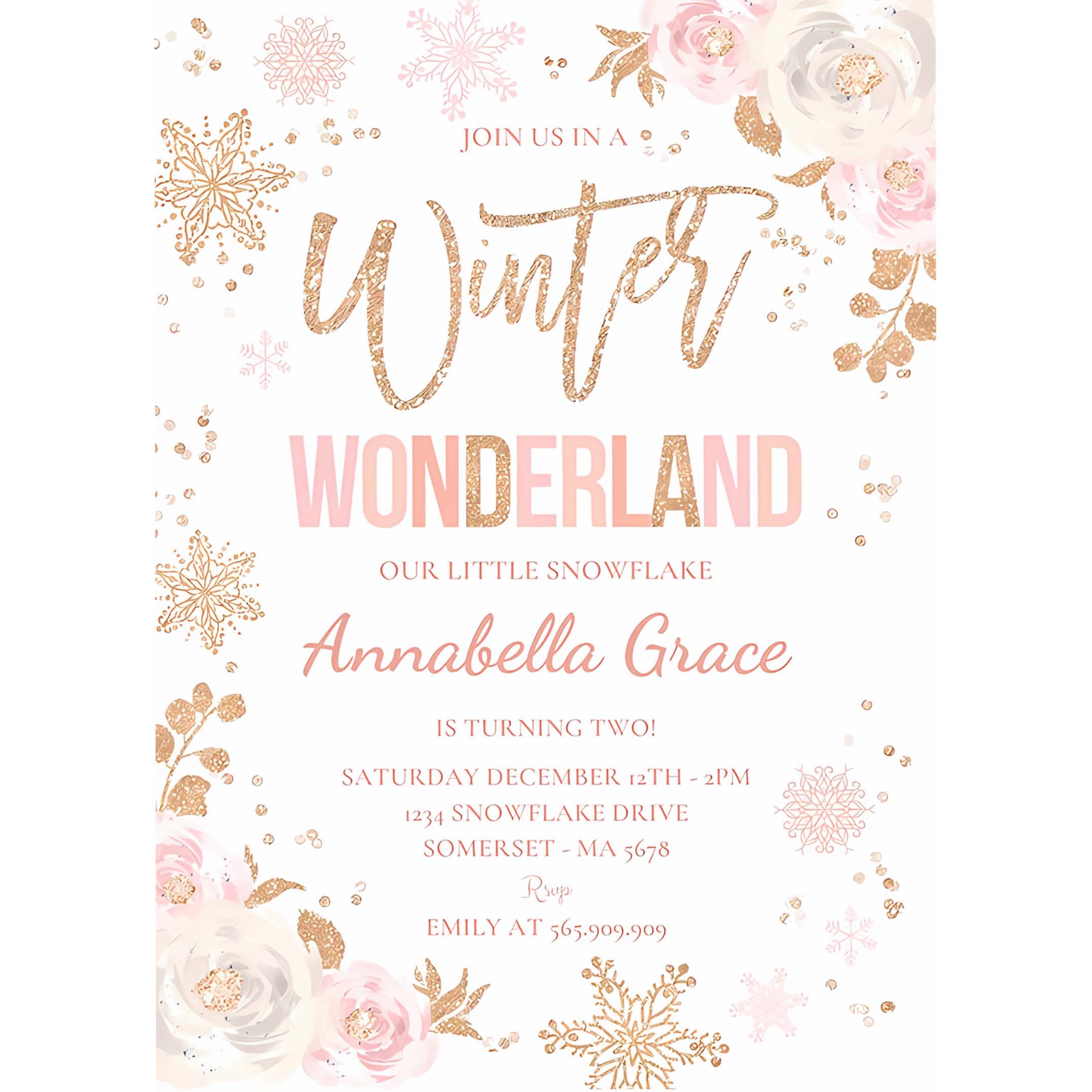 Editable Winter Wonderland Birthday Invitation Pink Rose Gold Winter Wonderland Party Floral Winter Wonderland Party