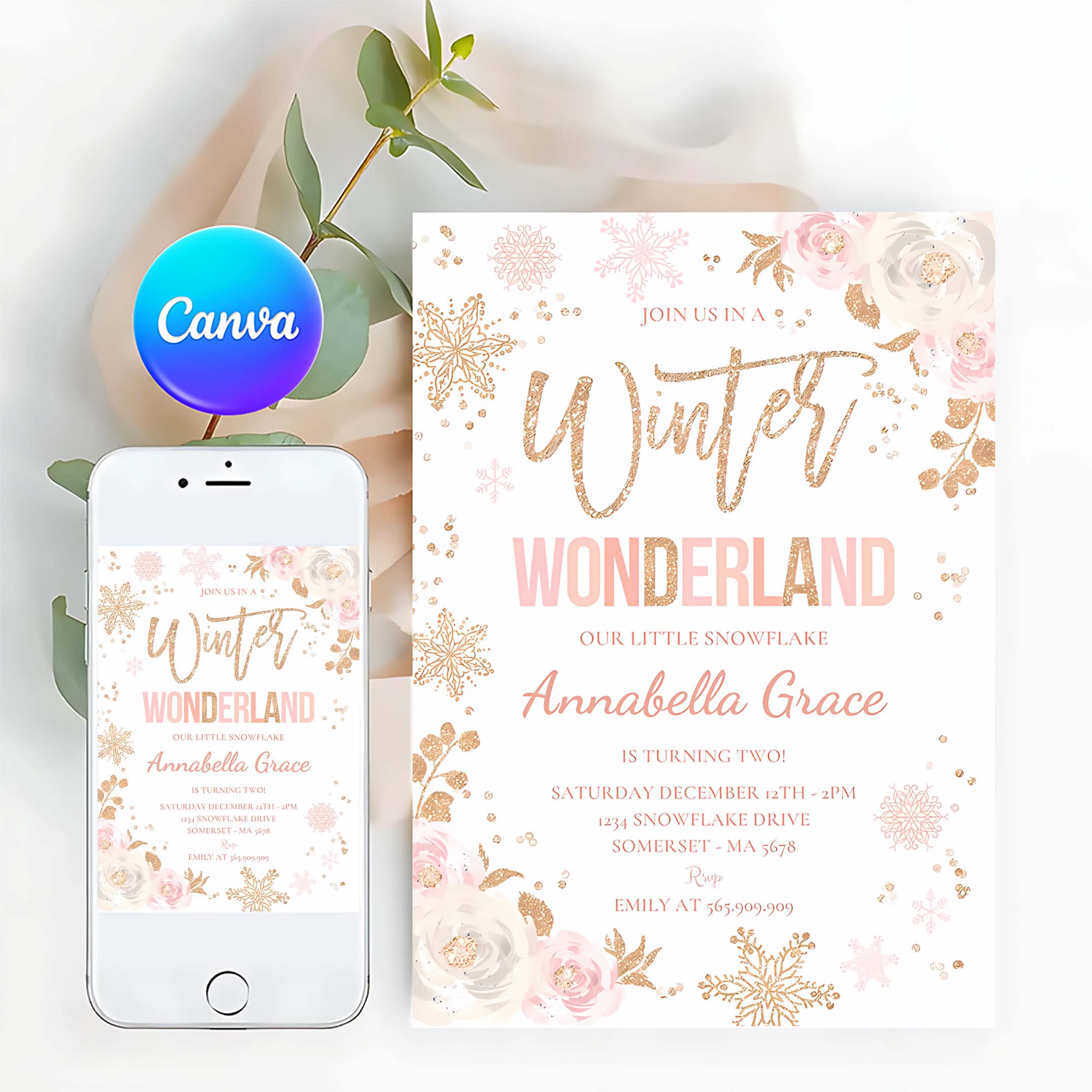 Editable Winter Wonderland Birthday Invitation Pink Rose Gold Winter Wonderland Party Floral Winter Wonderland Party