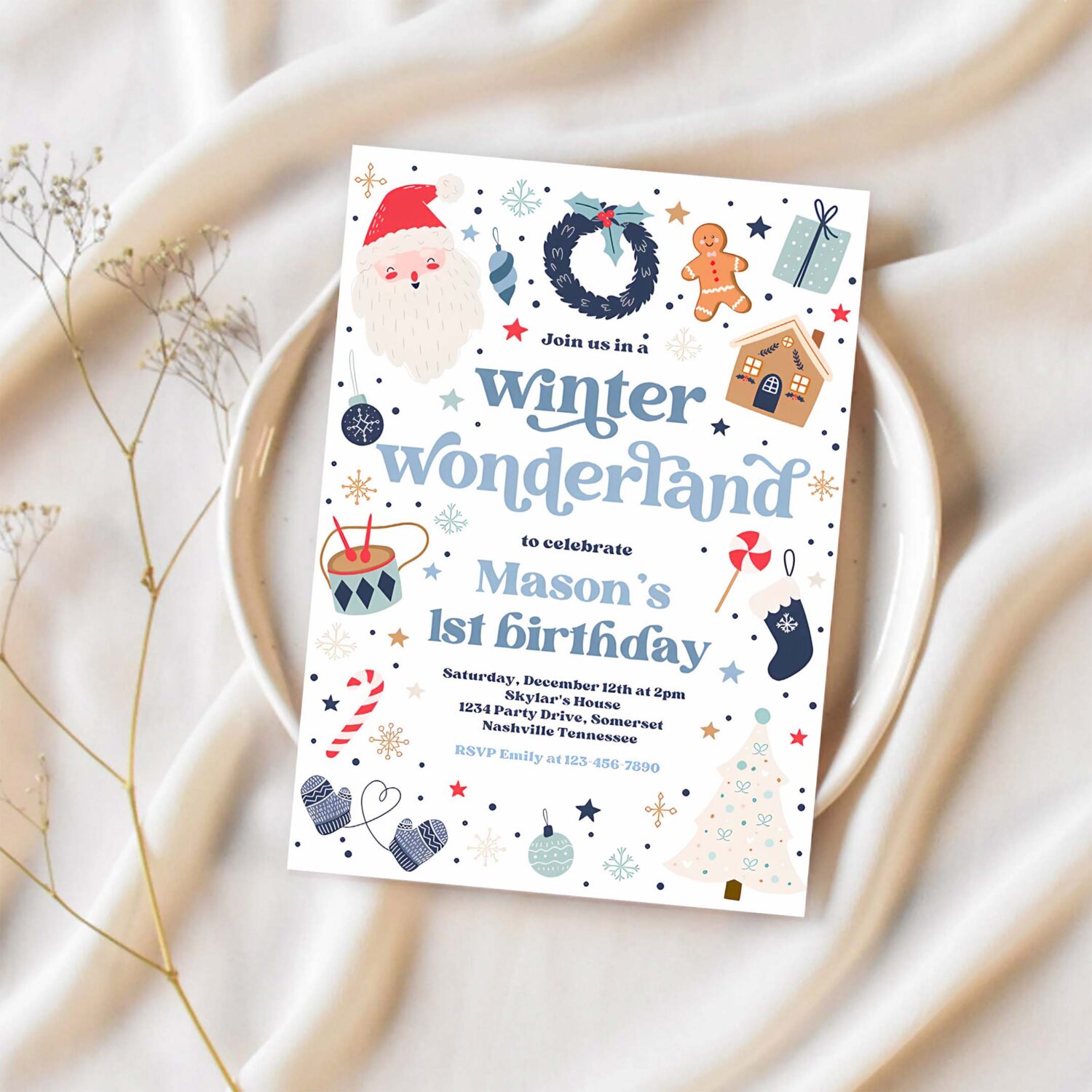 Editable winter wonderland birthday party invitation christmas blue and red boy winter wonderland 1st birthday party instant download hhu 1