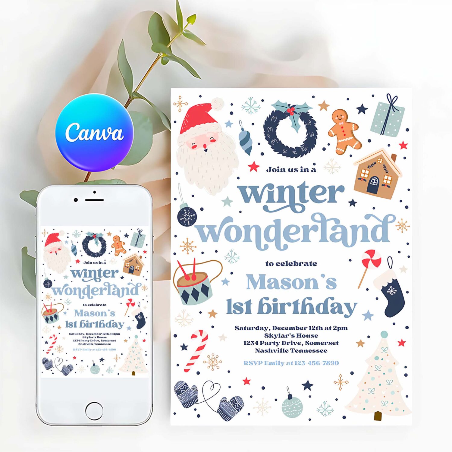 Editable winter wonderland birthday party invitation christmas blue and red boy winter wonderland 1st birthday party instant download hhu