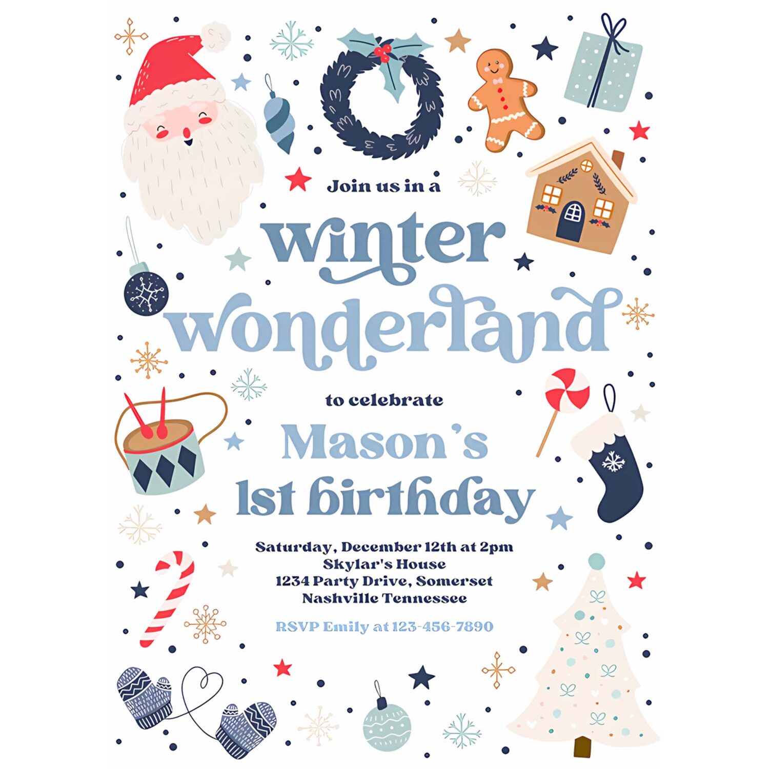 Editable winter wonderland birthday party invitation christmas blue and red boy winter wonderland 1st birthday party instant download hhu 4