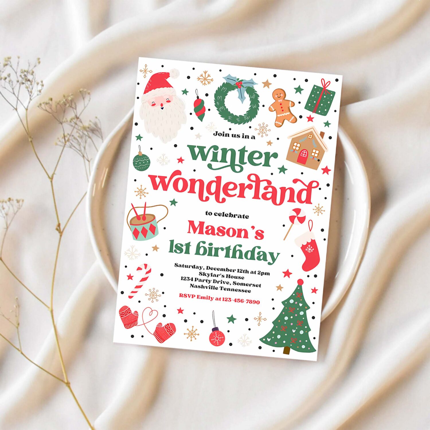 Editable winter wonderland birthday party invitation christmas green and red boy winter wonderland 1st birthday party instant download 44t 1
