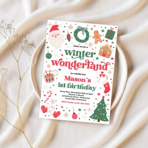Editable winter wonderland birthday party invitation christmas green and red boy winter wonderland 1st birthday party instant download 44t 1