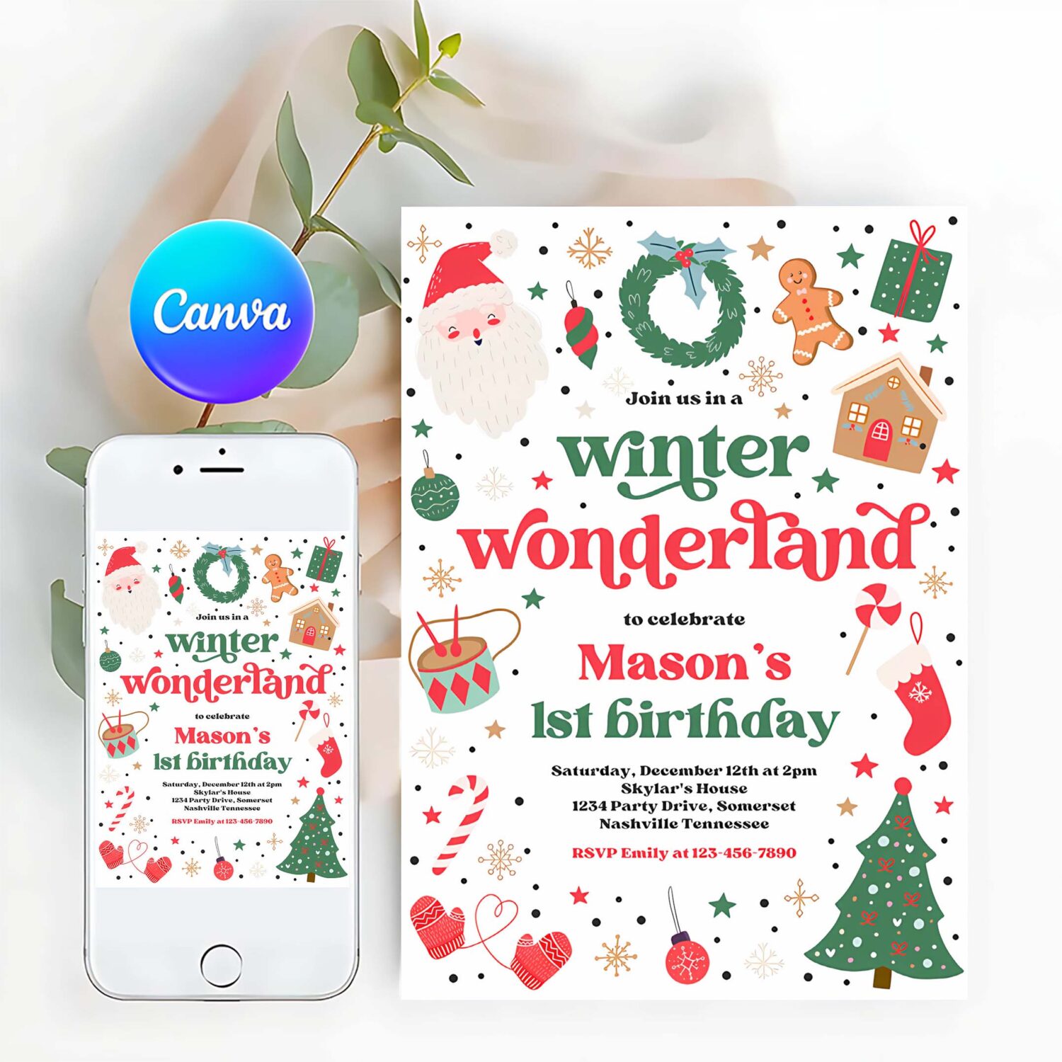 Editable winter wonderland birthday party invitation christmas green and red boy winter wonderland 1st birthday party instant download 44t