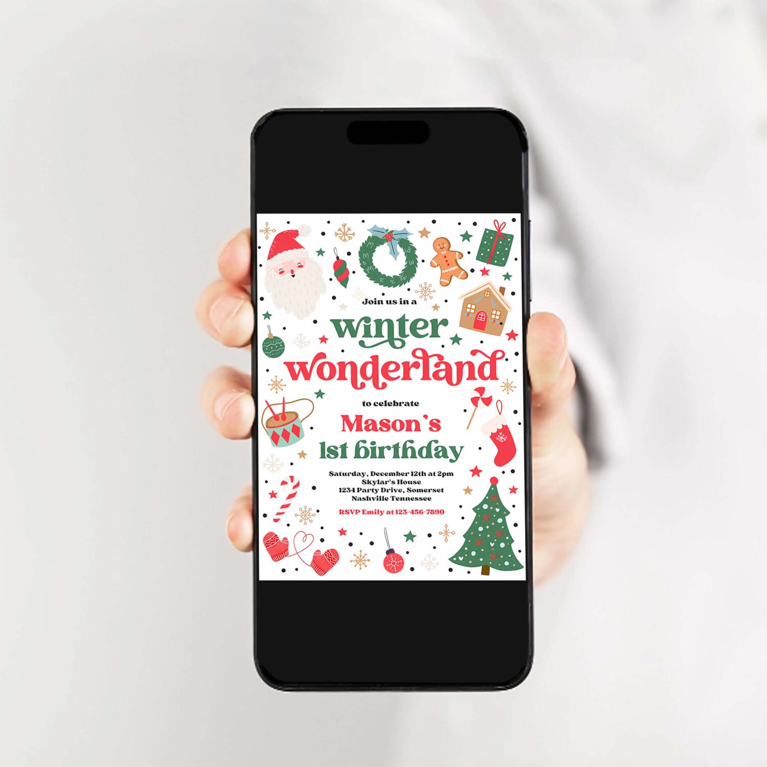Editable winter wonderland birthday party invitation christmas green and red boy winter wonderland 1st birthday party instant download 44t 2