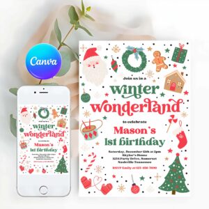 Winter Invitation, Winter Wonderland Birthday Party Invitation Christmas Green And Red Boy Winter Wonderland 1st Birthday Party