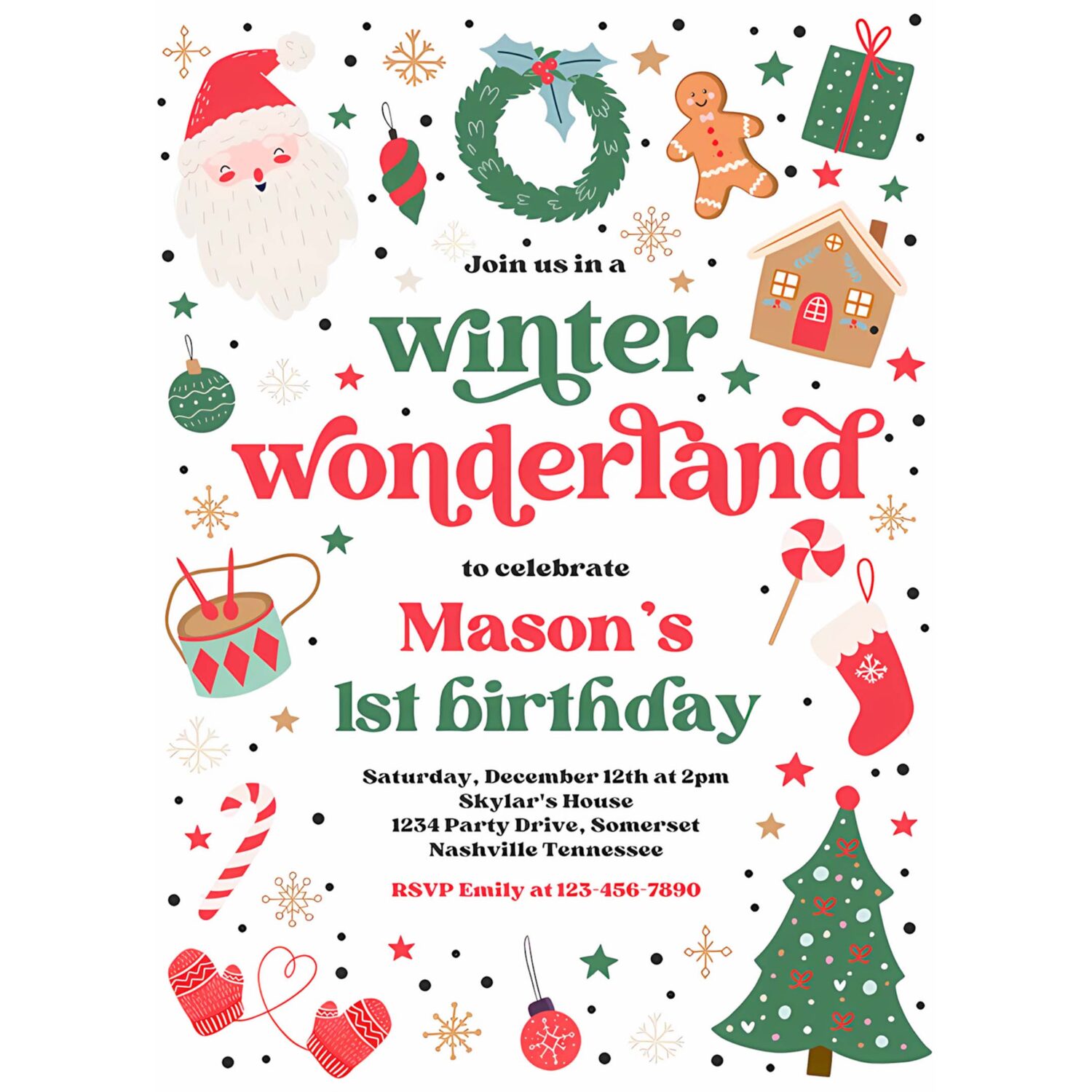 Editable winter wonderland birthday party invitation christmas green and red boy winter wonderland 1st birthday party instant download 44t 4