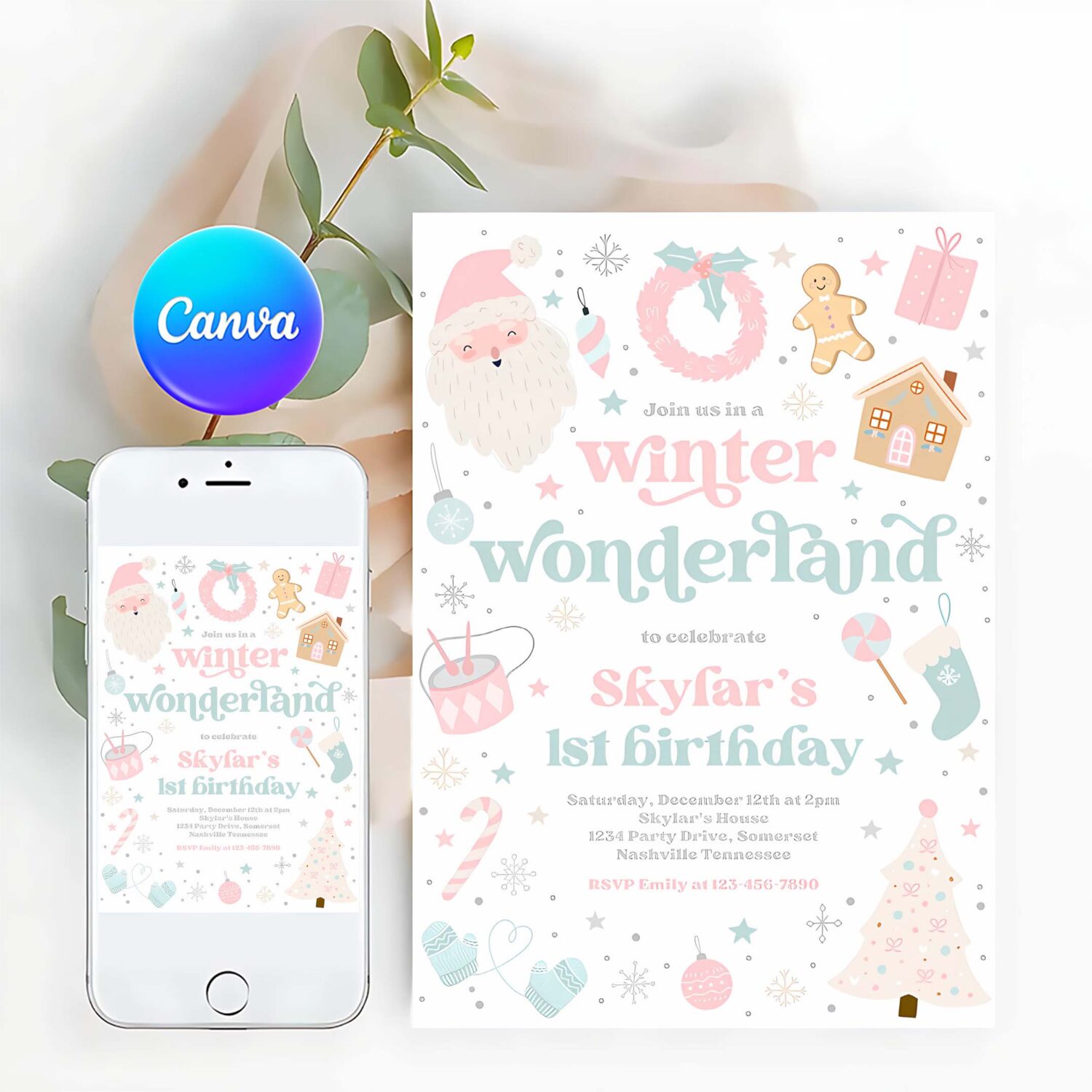 Editable winter wonderland birthday party invitation christmas pink and blue winter wonderland 1st birthday party instant download 55t