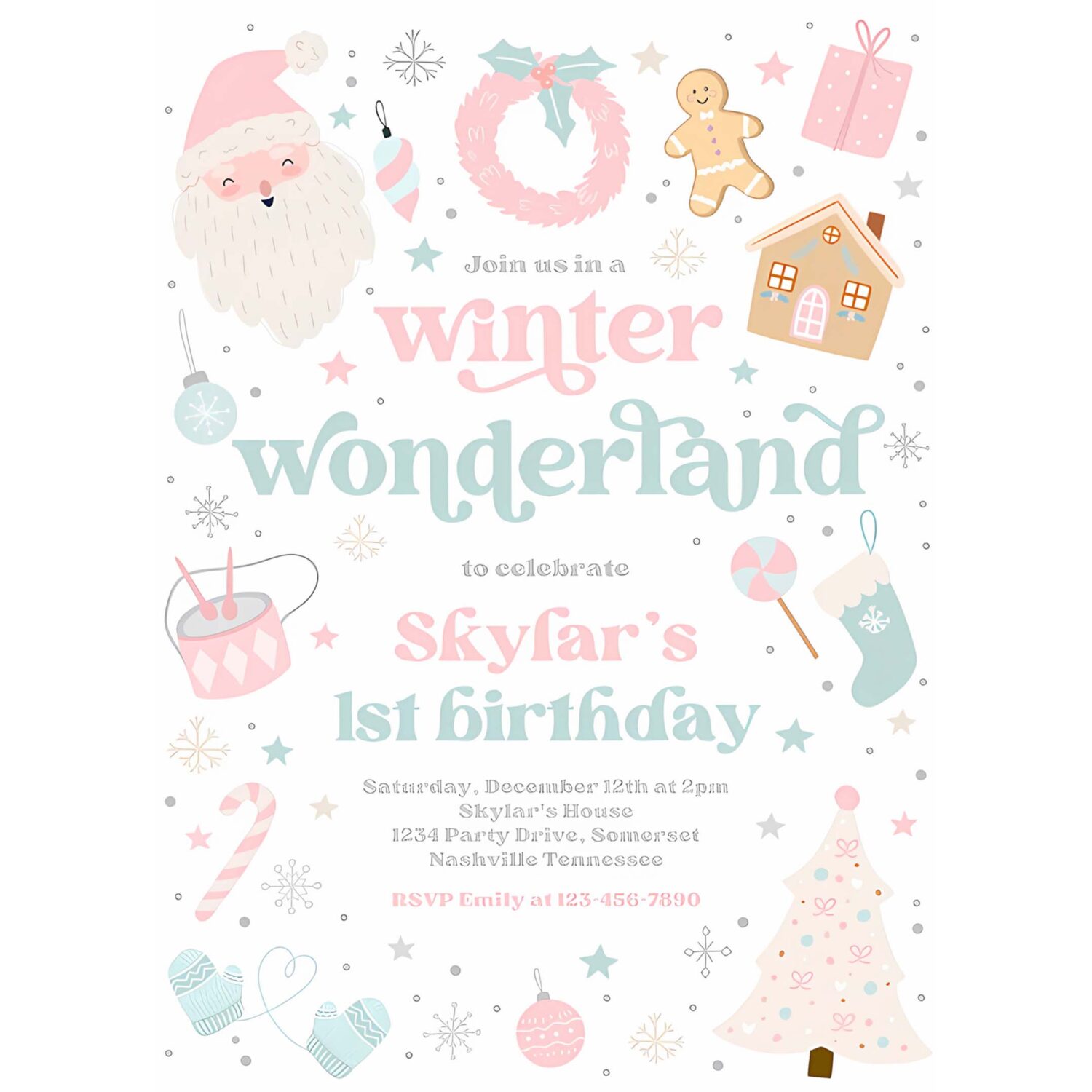 Editable winter wonderland birthday party invitation christmas pink and blue winter wonderland 1st birthday party instant download 55t 4