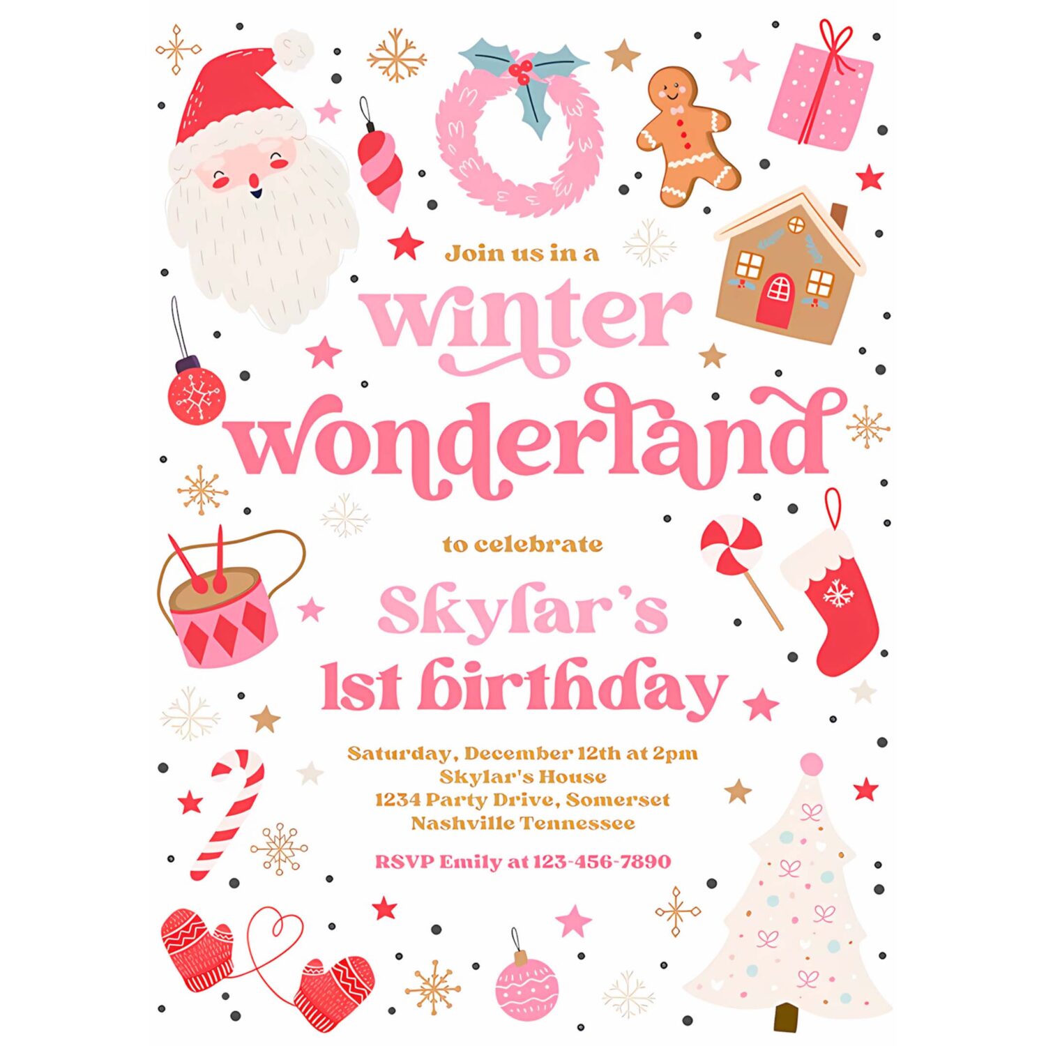 Editable winter wonderland birthday party invitation christmas pink and red girl winter wonderland 1st birthday party instant download hht 4