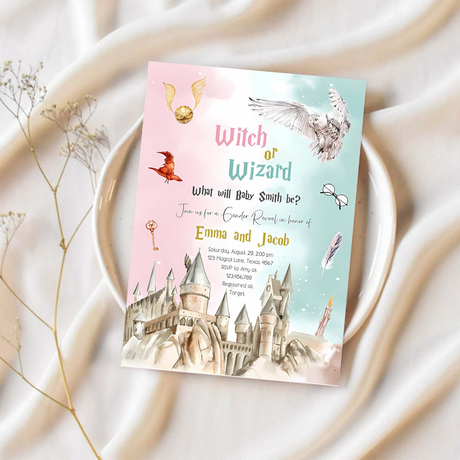 Editable witch or wizard gender reveal invitation magical invite boy or girl he or she wizard download printable template digital corjl 0440 1
