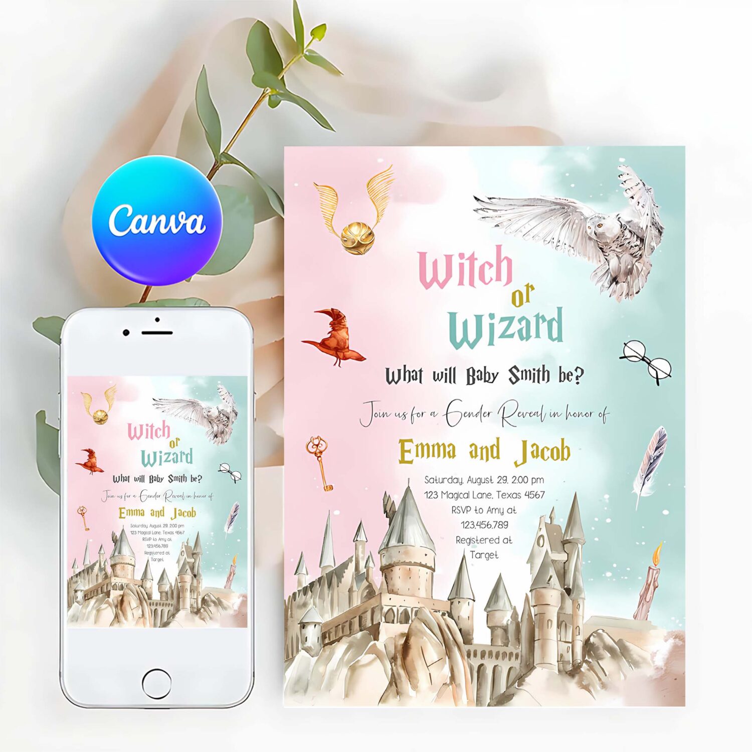 Editable witch or wizard gender reveal invitation magical invite boy or girl he or she wizard download printable template digital corjl 0440