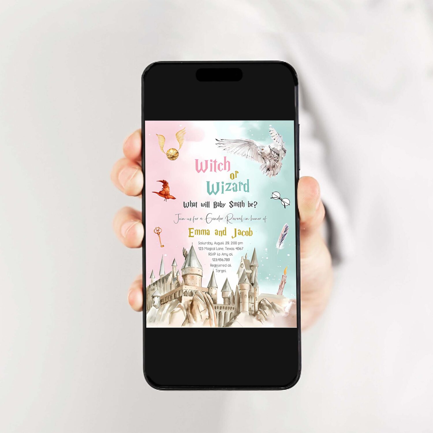 Editable witch or wizard gender reveal invitation magical invite boy or girl he or she wizard download printable template digital corjl 0440 2