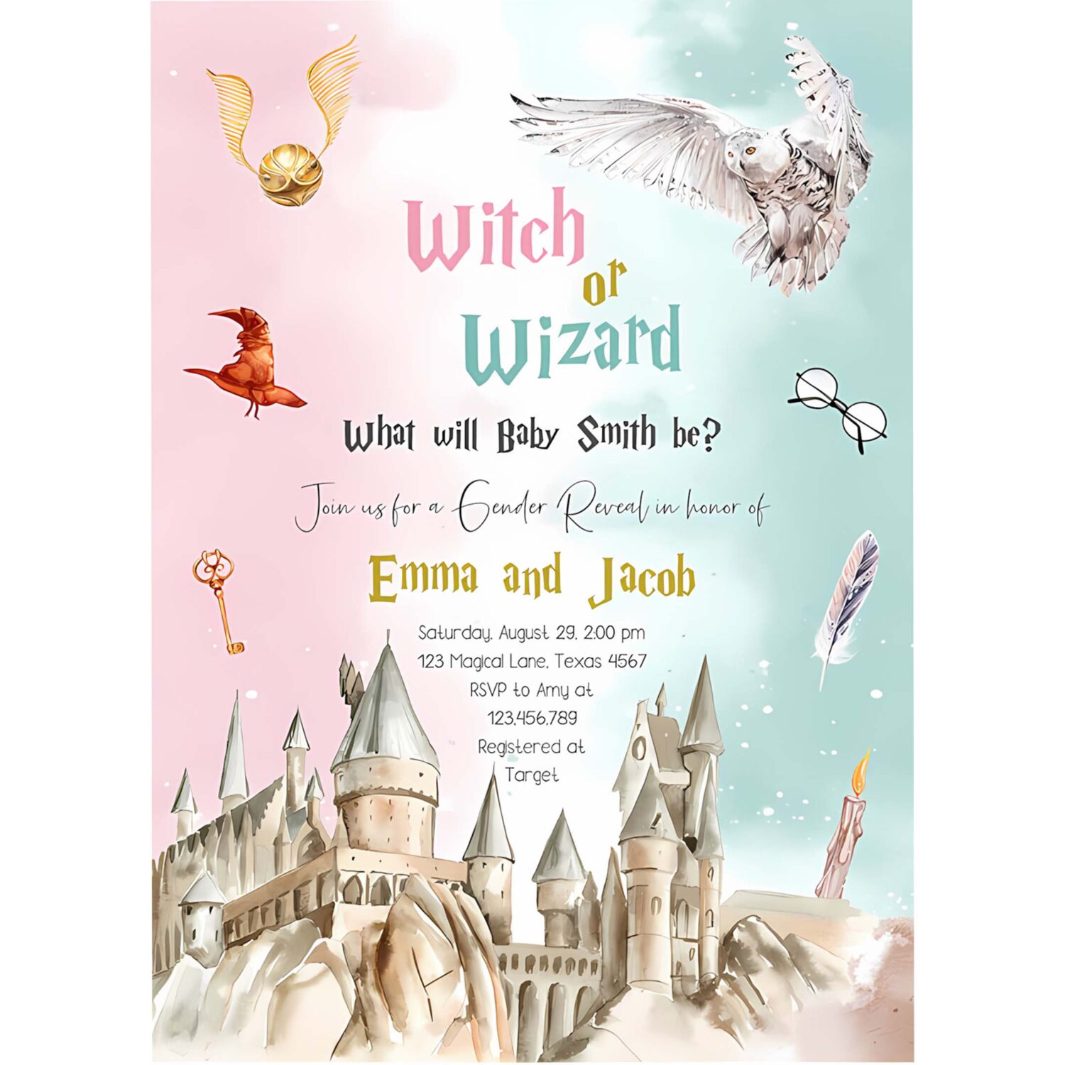 Editable witch or wizard gender reveal invitation magical invite boy or girl he or she wizard download printable template digital corjl 0440 4