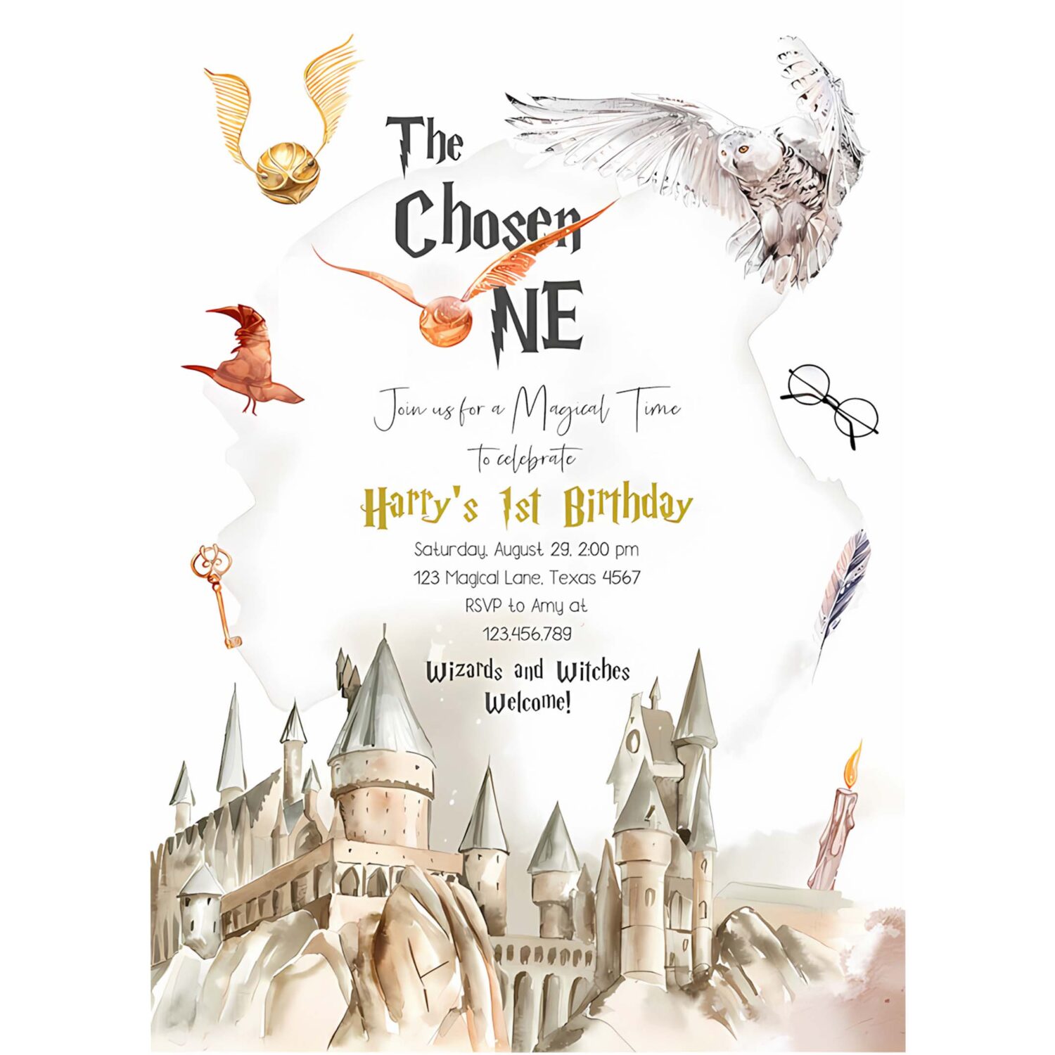 Editable wizard birthday invitation chosen one birthday invite castle boy school wizard party download printable template digital corjl 0440 4