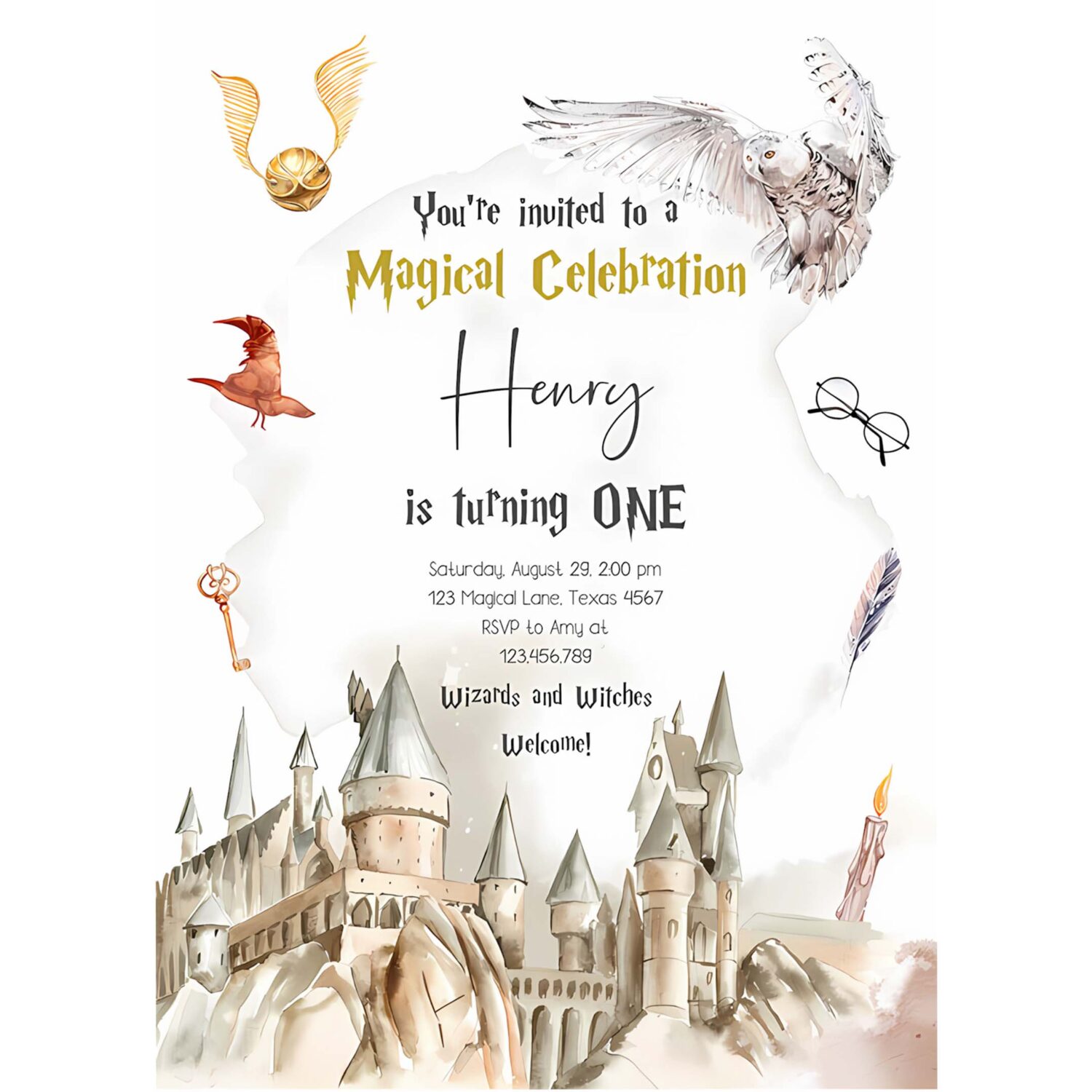 Editable wizard birthday invitation magical birthday invite castle boy school wizardry party download printable template digital corjl 0440 4